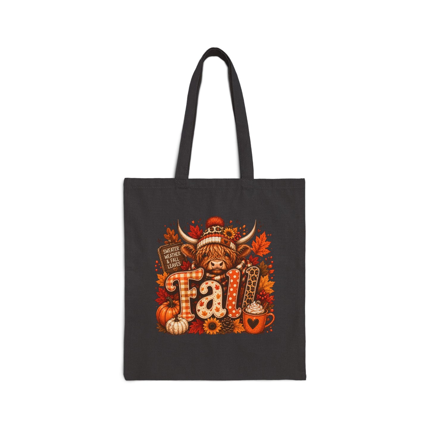 Highland Cow Fall Tote Bag | Autumn Pumpkins Leaves Cozy Mug
