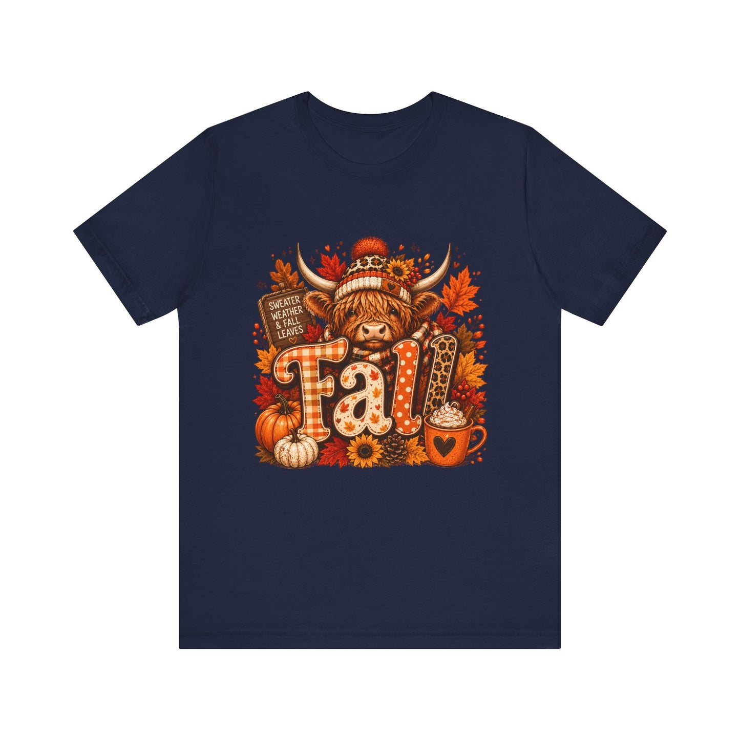 Highland Cow Fall Tee | Autumn Pumpkin Leaves, Sunflower Coffee Cup