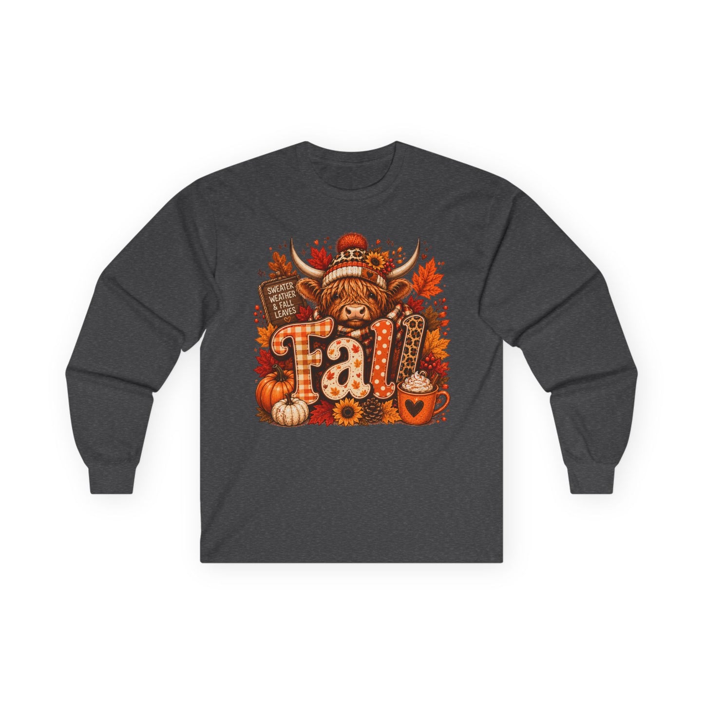 Highland Cow Fall long sleeve tee | autumn pumpkin leaves plaid lettering