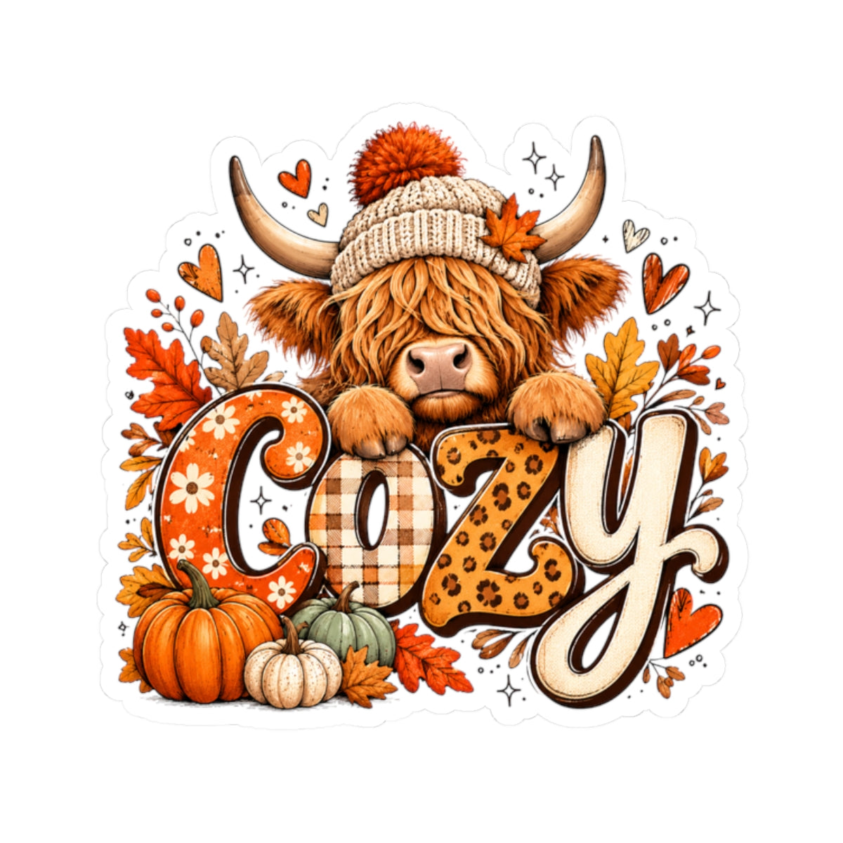 Cozy Highland Cow Kiss-Cut Sticker | Fall Pumpkin Leaves Laptop Decal