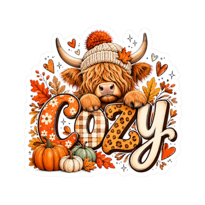 Cozy Highland Cow Kiss-Cut Sticker | Fall Pumpkin Leaves Laptop Decal
