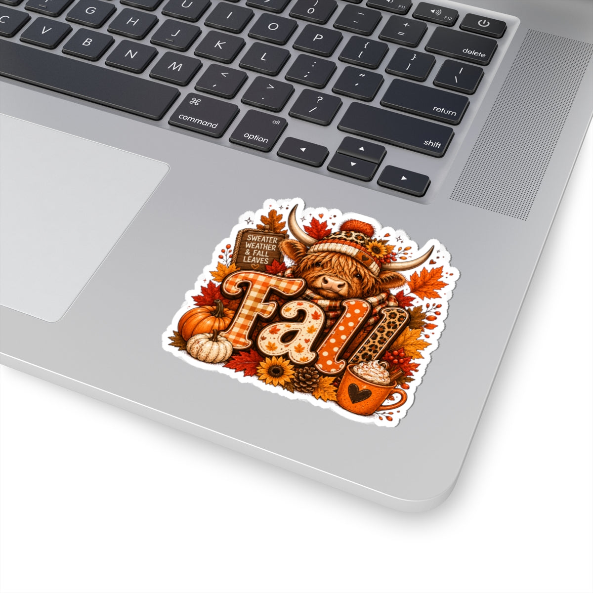 Highland Cow Fall Sticker Kiss-Cut | Autumn Leaves Pumpkin Coffee Laptop Decal