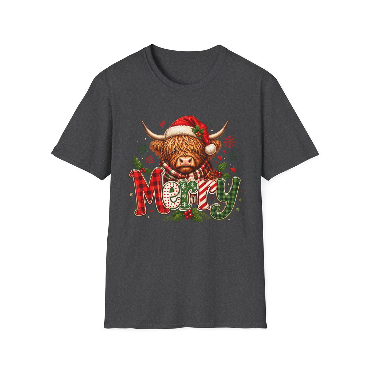 Merry Highland Cow Christmas Graphic T-Shirt