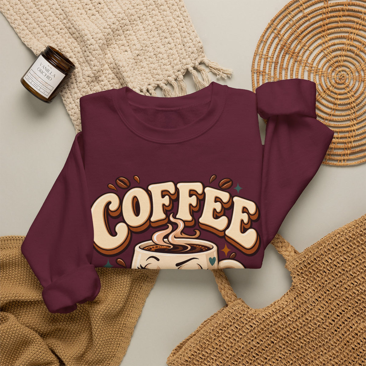 Coffee Crewneck Sweatshirt — “Coffee Because Adulting Is a Little Bitter” Cute Retro Graphic