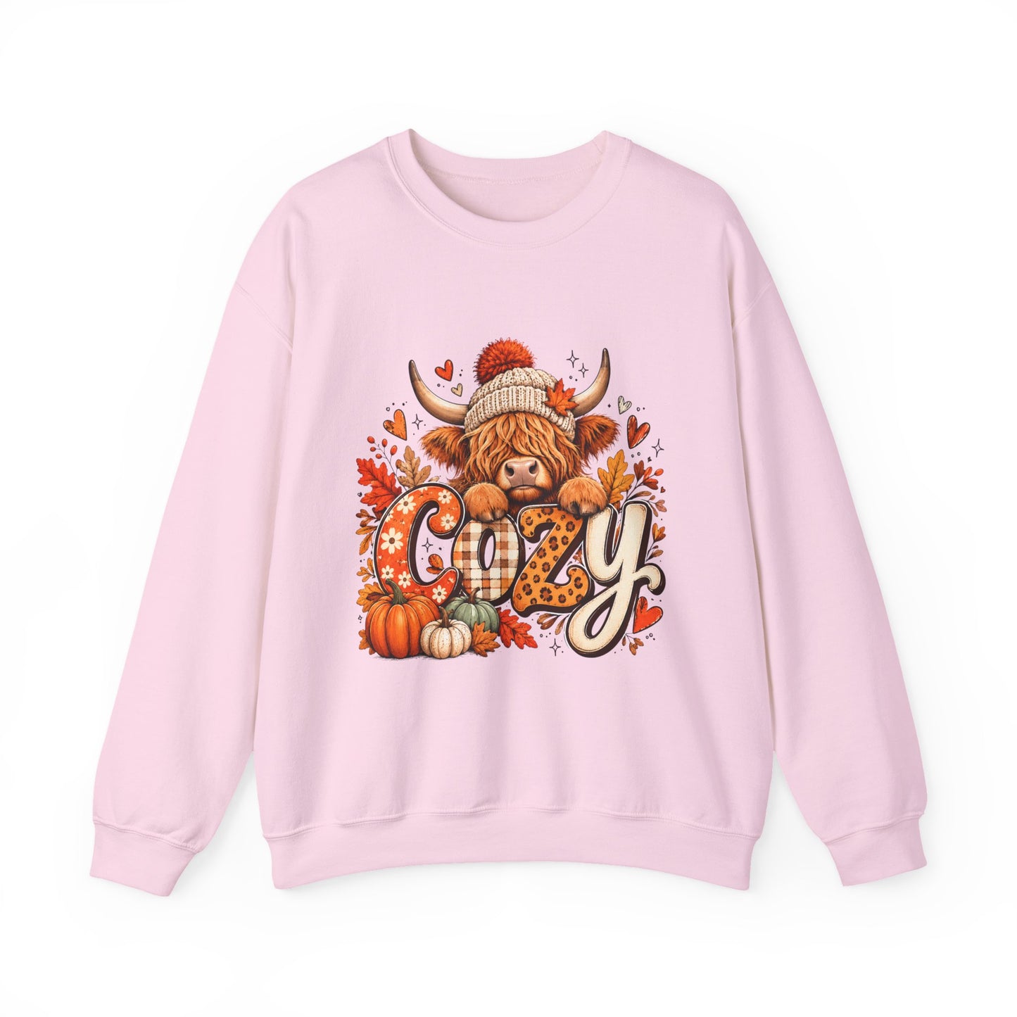 Cozy Highland Cow fall sweatshirt | pumpkin leaves autumn cozy design