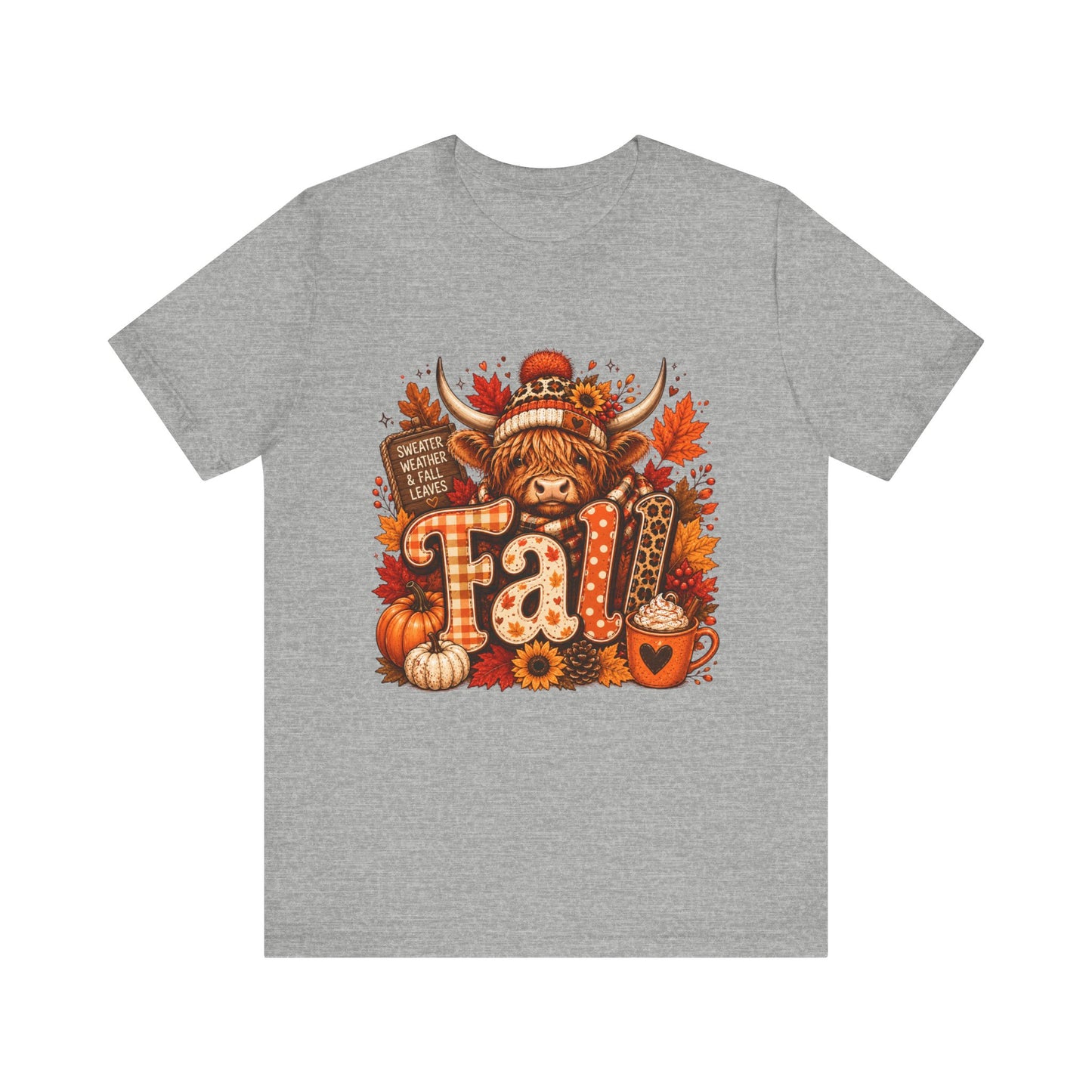 Highland Cow Fall Tee | Autumn Pumpkin Leaves, Sunflower Coffee Cup
