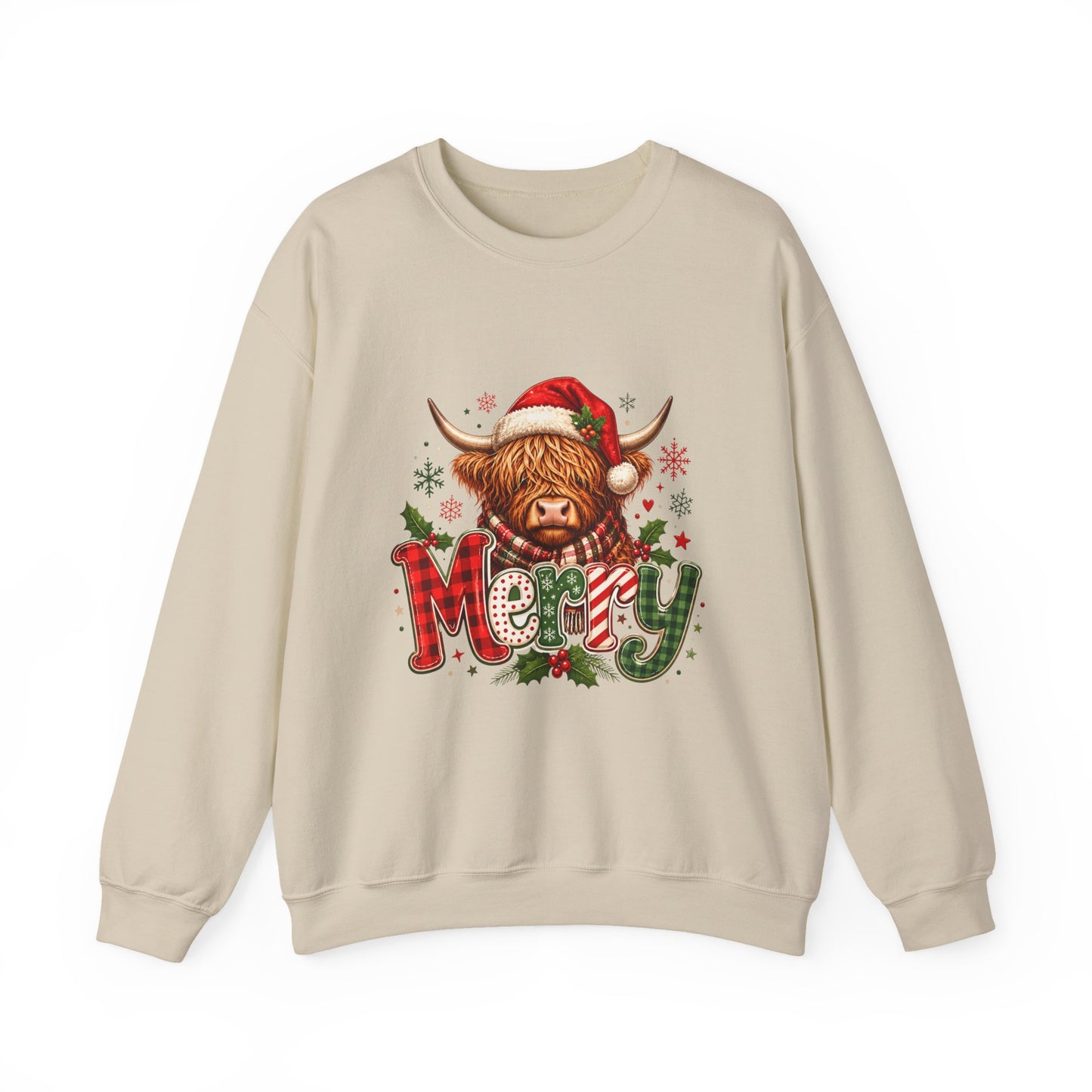 Christmas Highland Cow 'Merry' Sweatshirt – Festive Holiday Crewneck