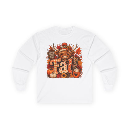 Highland Cow Fall long sleeve tee | autumn pumpkin leaves plaid lettering