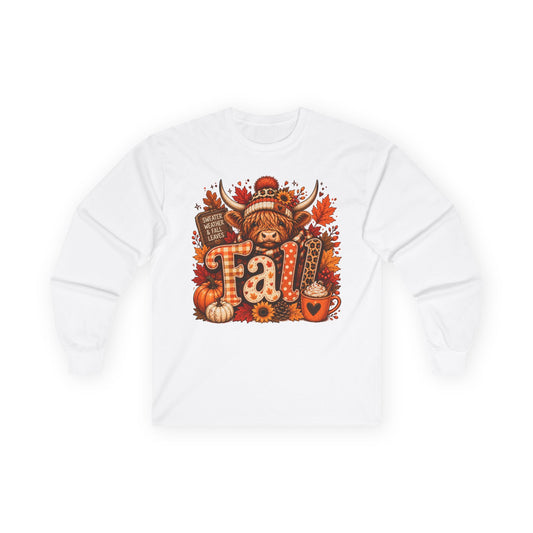 Highland Cow Fall long sleeve tee | autumn pumpkin leaves plaid lettering