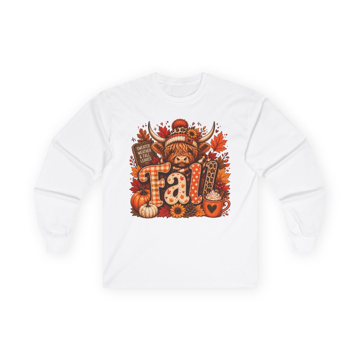 Highland Cow Fall long sleeve tee | autumn pumpkin leaves plaid lettering