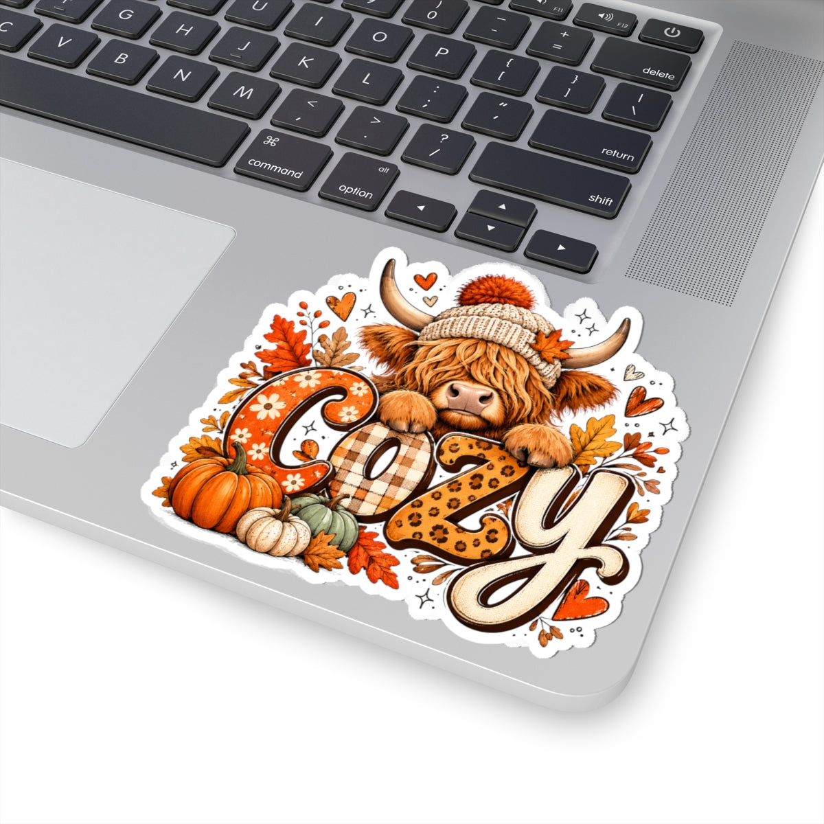 Cozy Highland Cow Kiss-Cut Sticker | Fall Pumpkin Leaves Laptop Decal