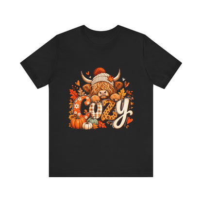 Cozy Highland Cow Autumn Tee | Fall Pumpkin Leaves Sweatshirt Style Shirt