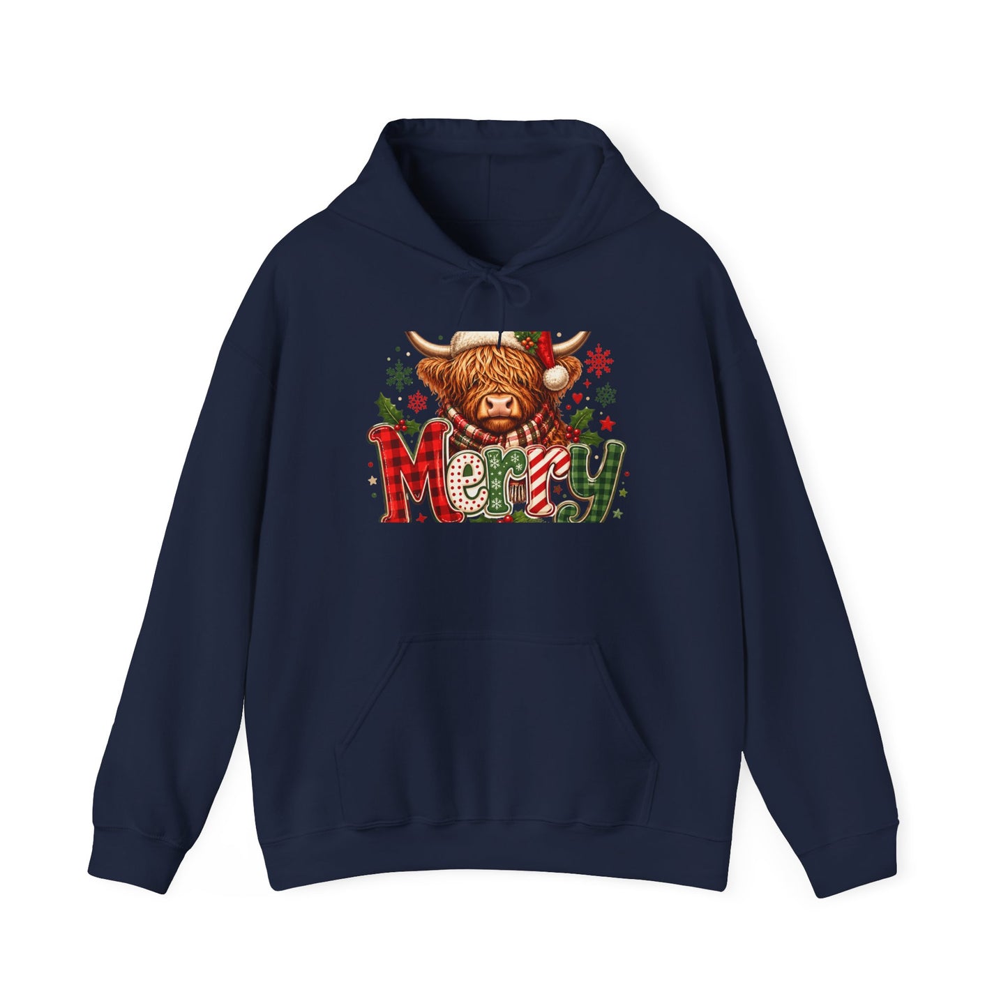 Christmas Highland Cow 'Merry' Hoodie – Cute Plaid Holiday Sweatshirt