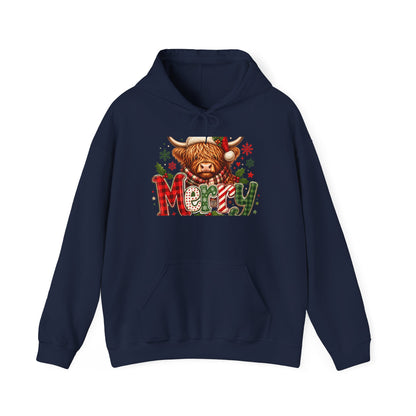 Christmas Highland Cow 'Merry' Hoodie – Cute Plaid Holiday Sweatshirt