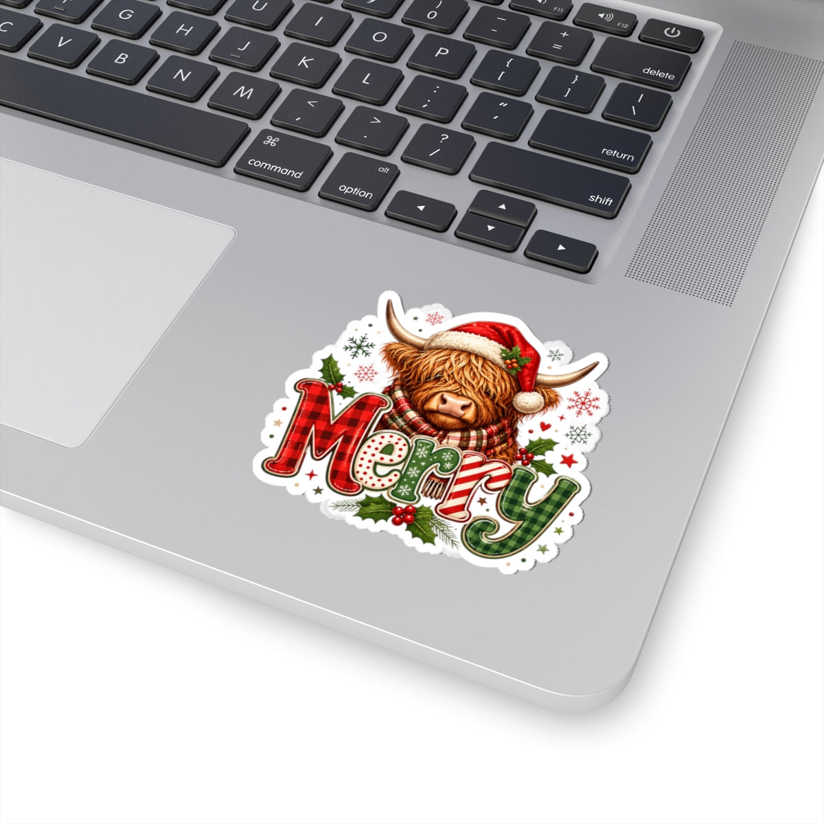 Merry Highland Cow Holiday Sticker — Festive Christmas Kiss-Cut Decal