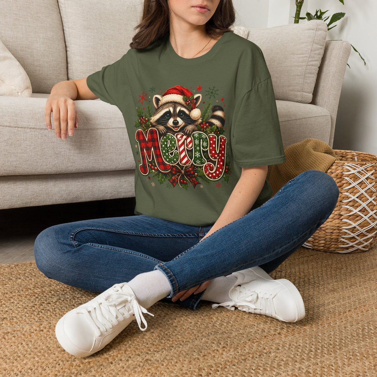 Merry Christmas Raccoon Graphic T-Shirt