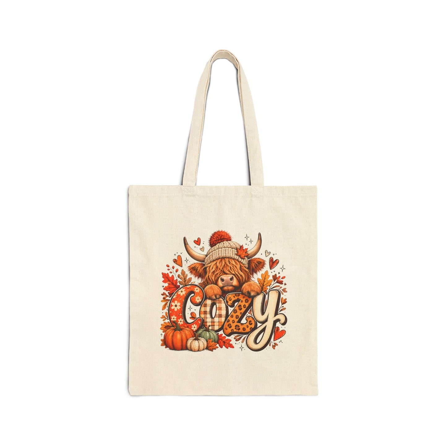 Cozy Autumn Highland Cow Tote Bag | Fall Pumpkin Leaves