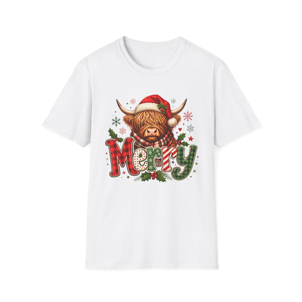 Merry Highland Cow Christmas Graphic T-Shirt