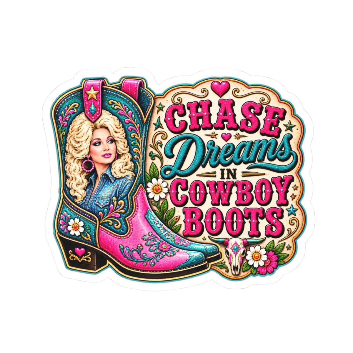 Chase Dreams in Cowboy Boots Kiss-Cut Sticker — Pink Western Cowgirl Boot Design