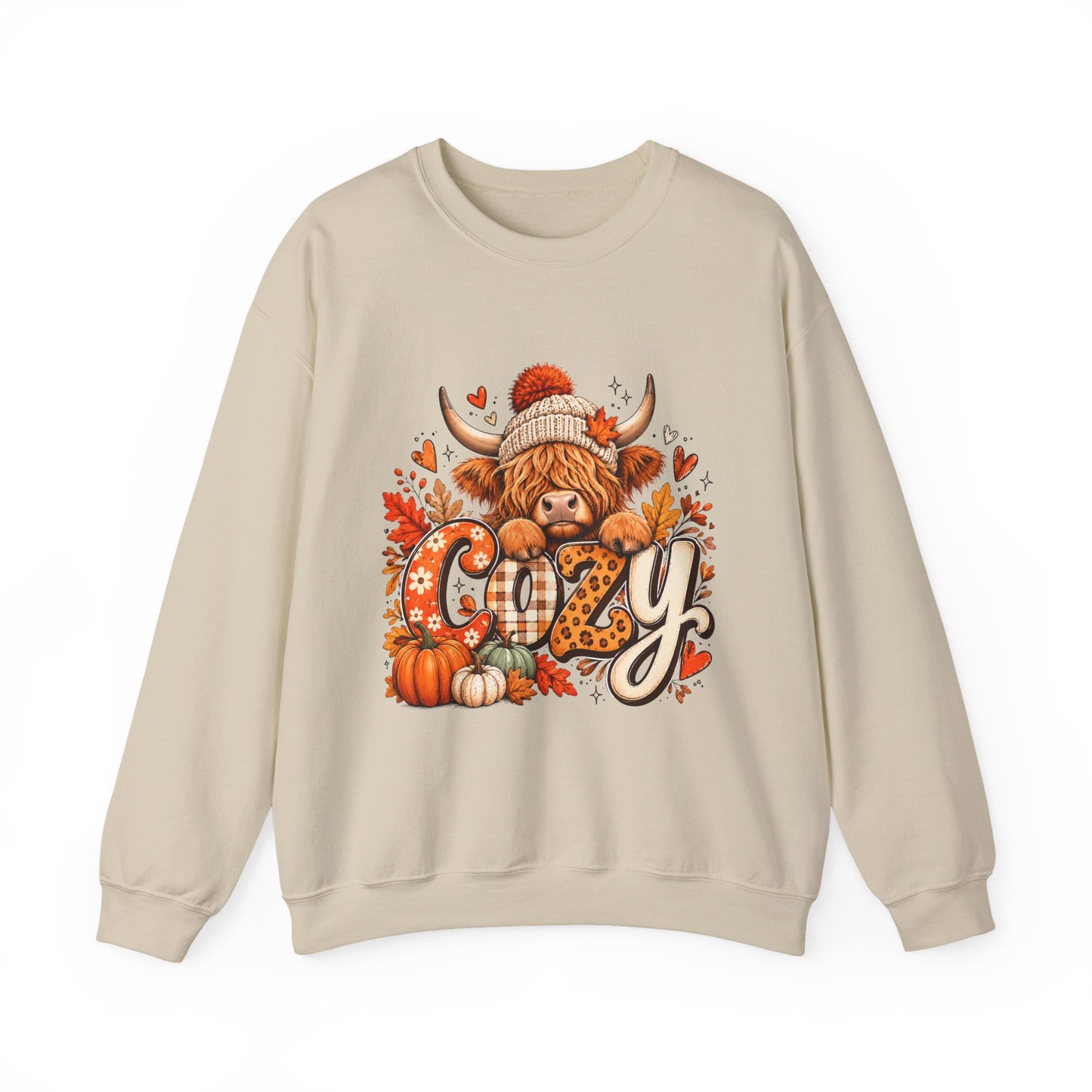 Cozy Highland Cow Fall Sweatshirt | Autumn Pumpkin Leaves