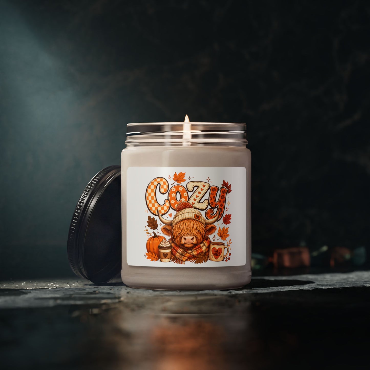 Cozy Highland Cow Candle | Soy Candle, Fall Pumpkin Leaves