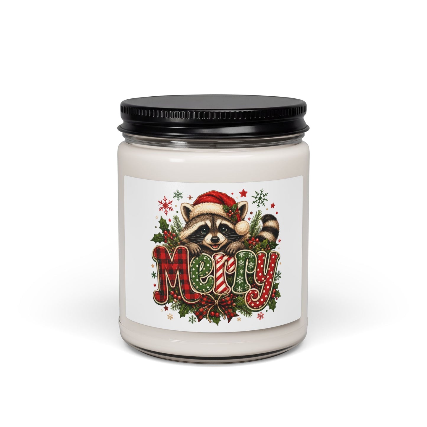 Merry Raccoon Christmas Soy Candle — Holiday Scented 9oz Jar