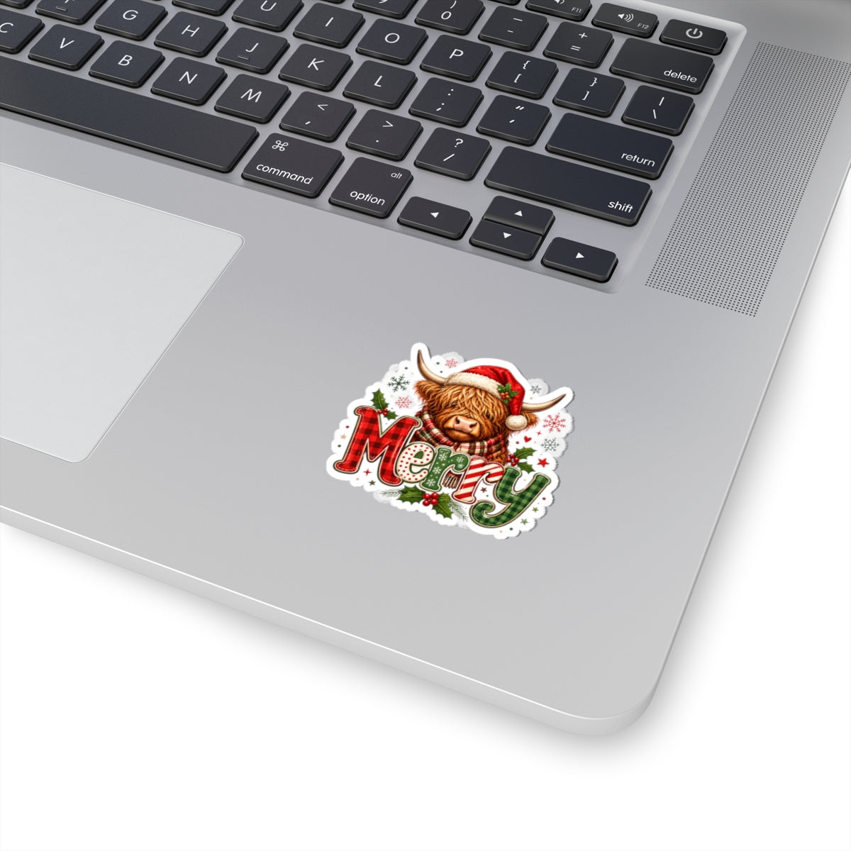 Merry Highland Cow Holiday Sticker — Festive Christmas Kiss-Cut Decal