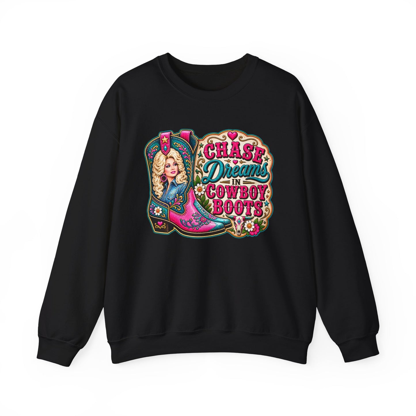 Crewneck Sweatshirt - "Chase Dreams in Cowboy Boots" Retro Western Graphic
