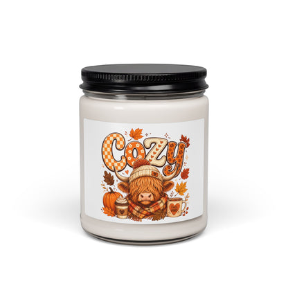 Cozy Highland Cow Candle | Soy Candle, Fall Pumpkin Leaves