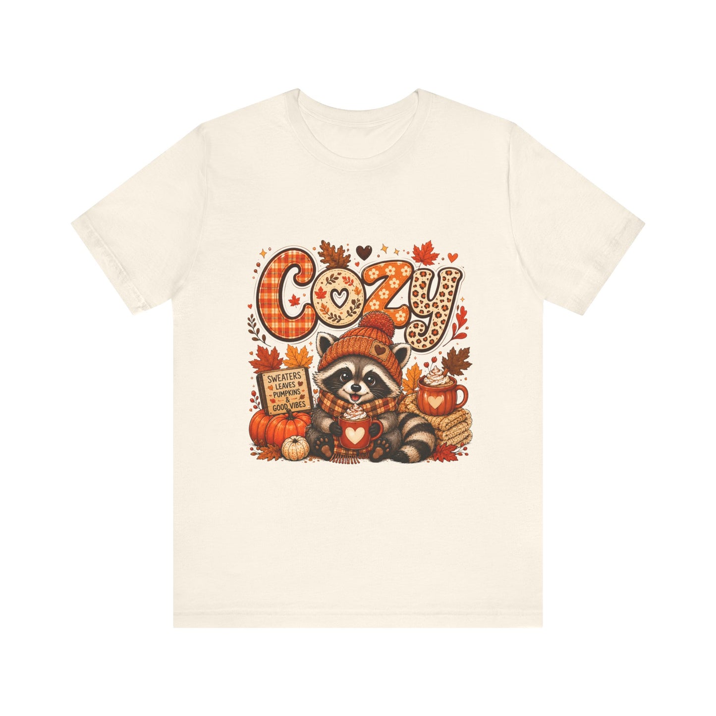 Cozy Raccoon Pumpkin Autumn Tee | Fall Leaves, Hot Cocoa, Plaid Letters