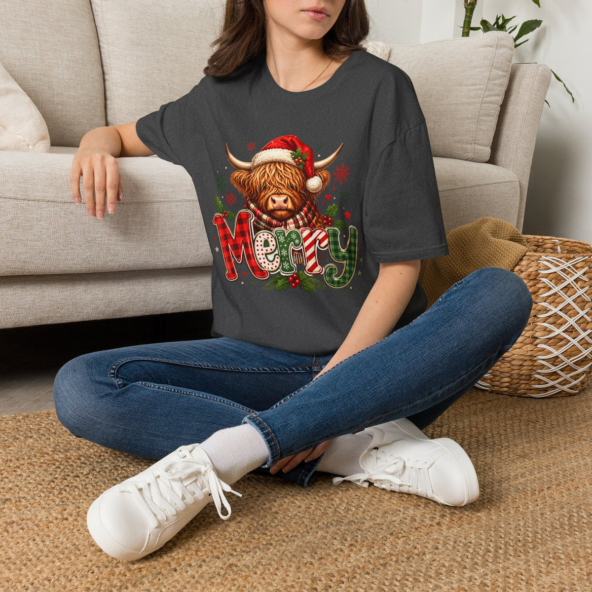 Merry Highland Cow Christmas Graphic T-Shirt