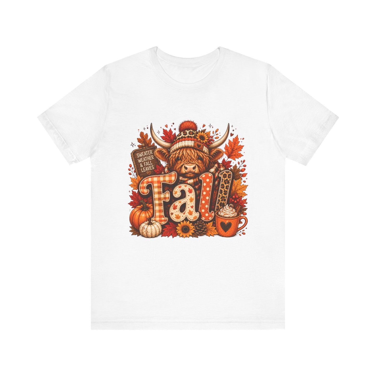 Highland Cow Fall Tee | Autumn Pumpkin Leaves, Sunflower Coffee Cup