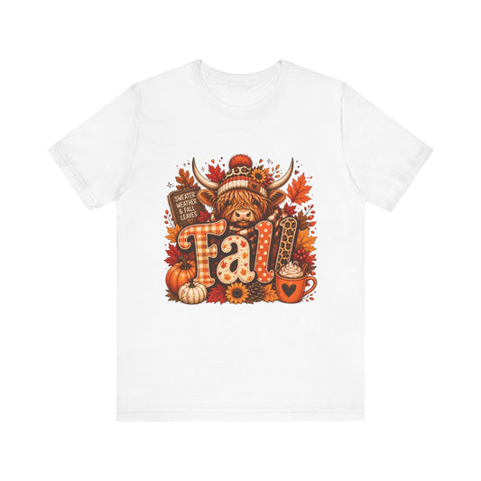 Highland Cow Fall Tee | Autumn Pumpkin Leaves, Sunflower Coffee Cup