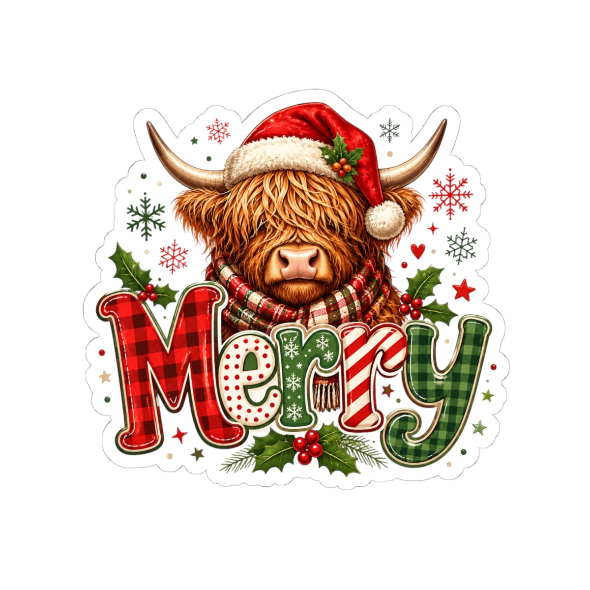 Merry Highland Cow Holiday Sticker — Festive Christmas Kiss-Cut Decal