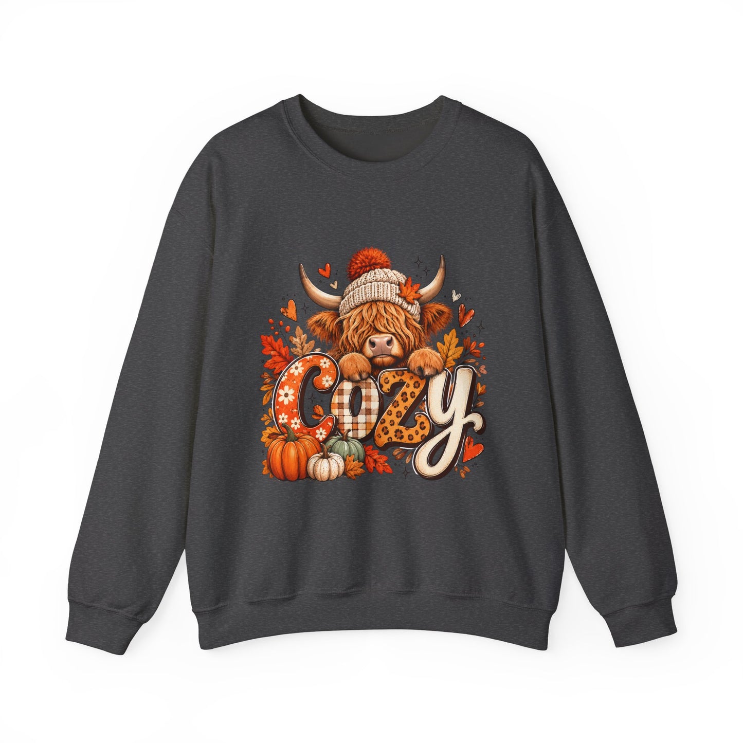 Cozy Highland Cow fall sweatshirt | pumpkin leaves autumn cozy design