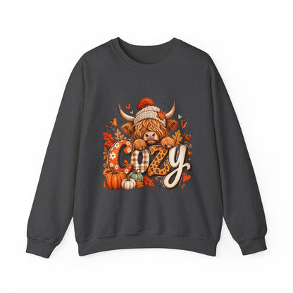 Cozy Highland Cow fall sweatshirt | pumpkin leaves autumn cozy design