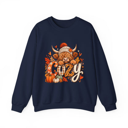 Cozy Highland Cow Fall Sweatshirt | Autumn Pumpkin Leaves