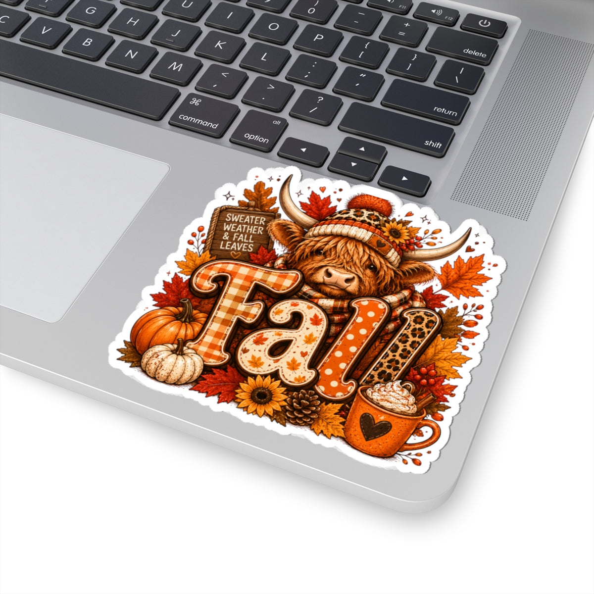 Highland Cow Fall Sticker Kiss-Cut | Autumn Leaves Pumpkin Coffee Laptop Decal
