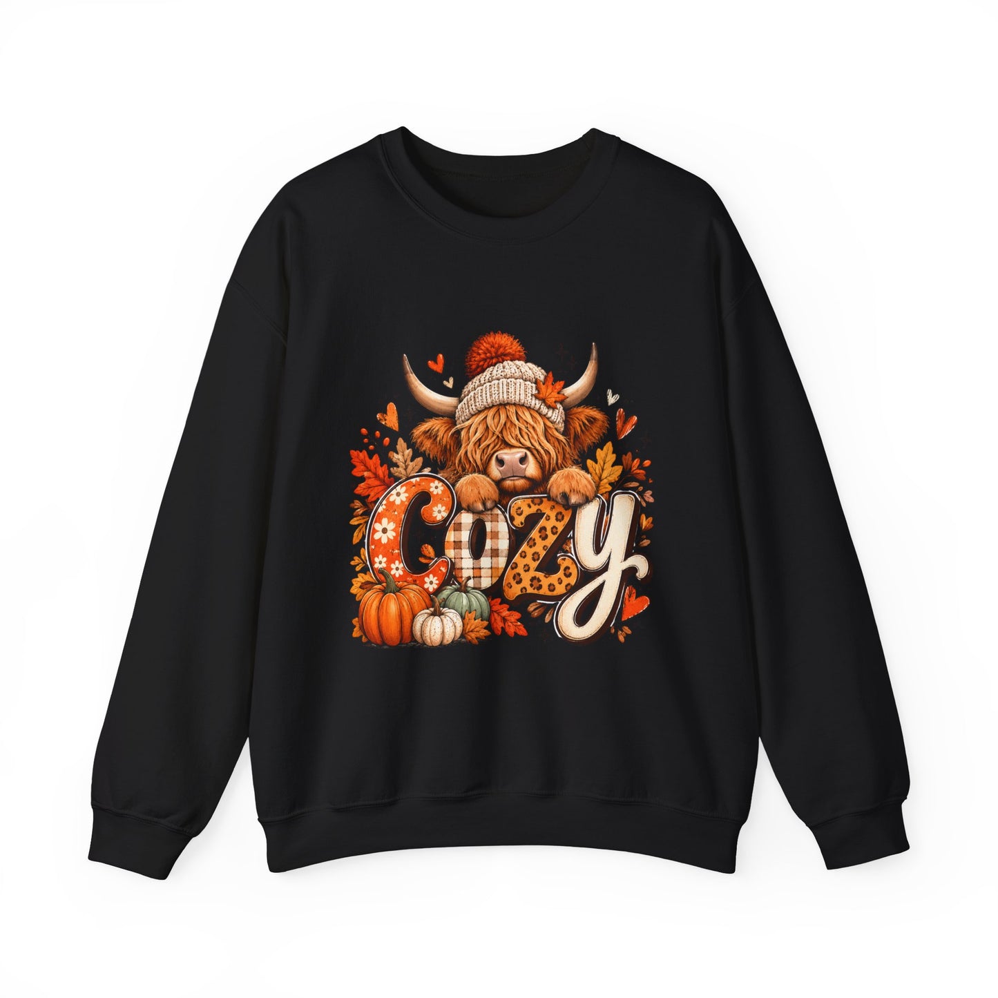 Cozy Highland Cow fall sweatshirt | pumpkin leaves autumn cozy design