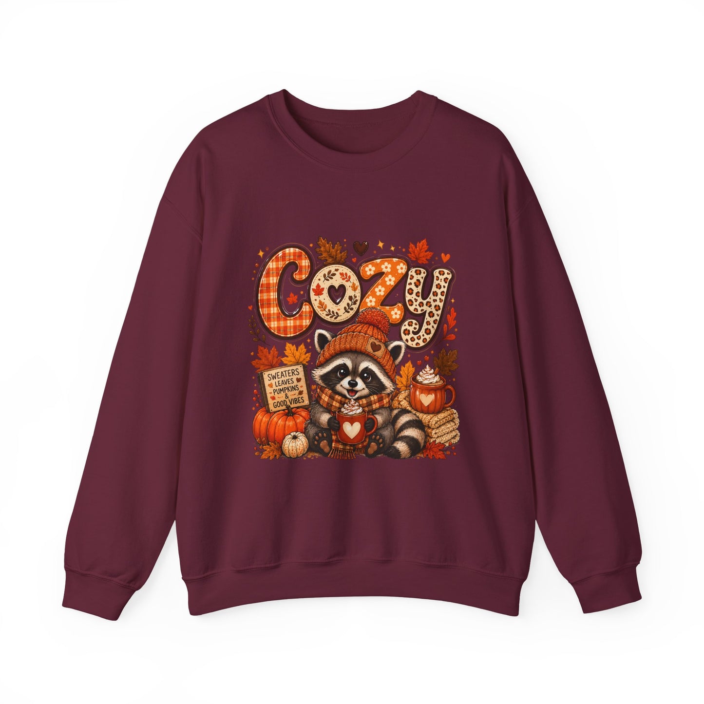 Cozy Raccoon Fall Sweatshirt | Autumn Pumpkins Leaves Plaid