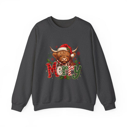 Christmas Highland Cow "Merry" Crewneck Sweatshirt