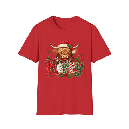 Merry Highland Cow Christmas Graphic T-Shirt