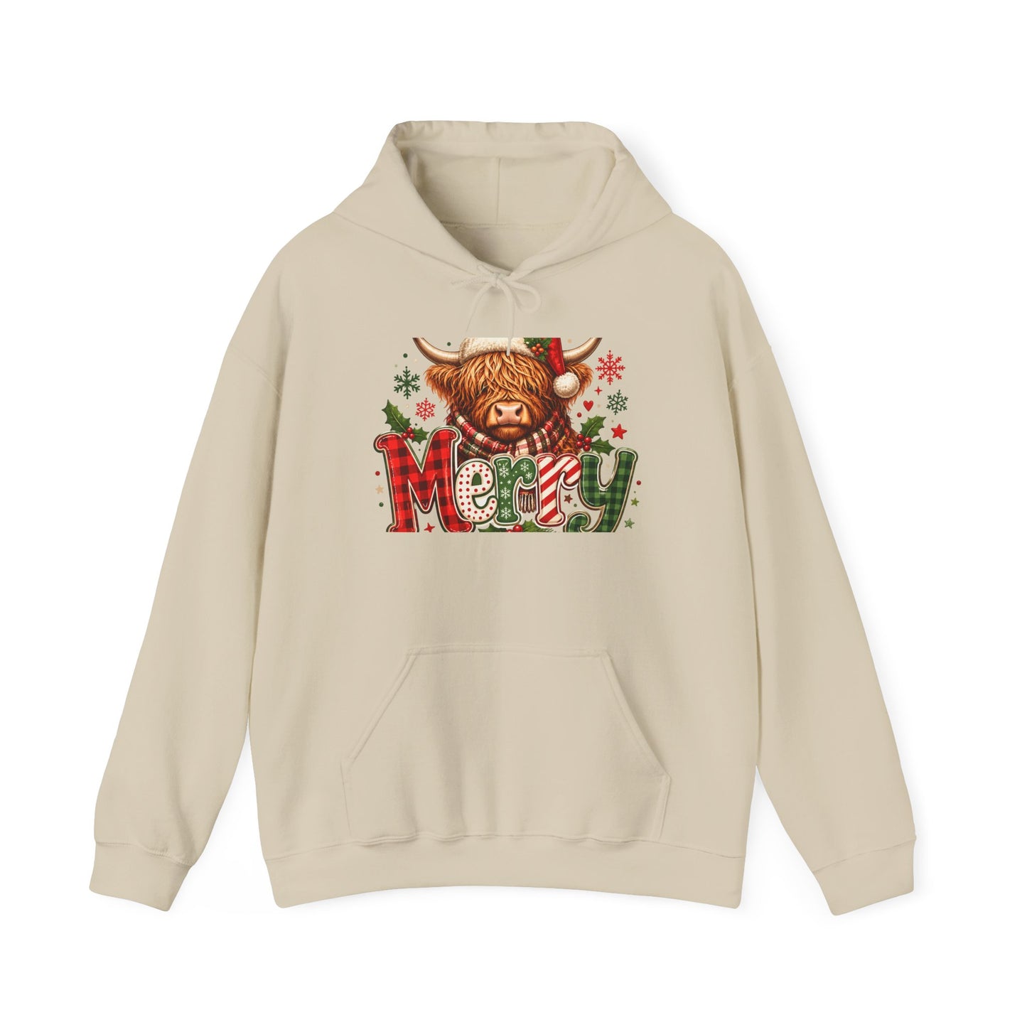 Christmas Highland Cow 'Merry' Hoodie – Cute Plaid Holiday Sweatshirt
