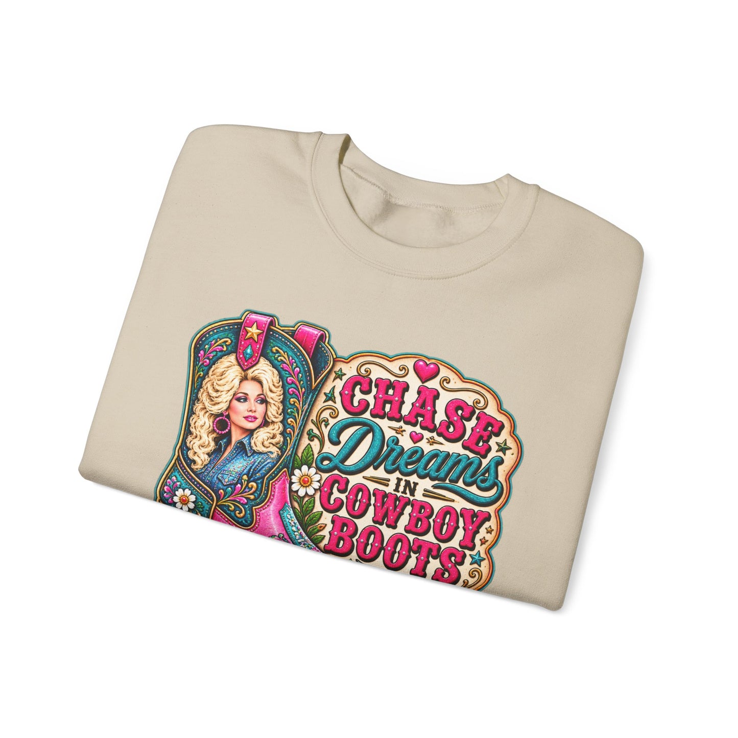 Crewneck Sweatshirt - "Chase Dreams in Cowboy Boots" Retro Western Graphic