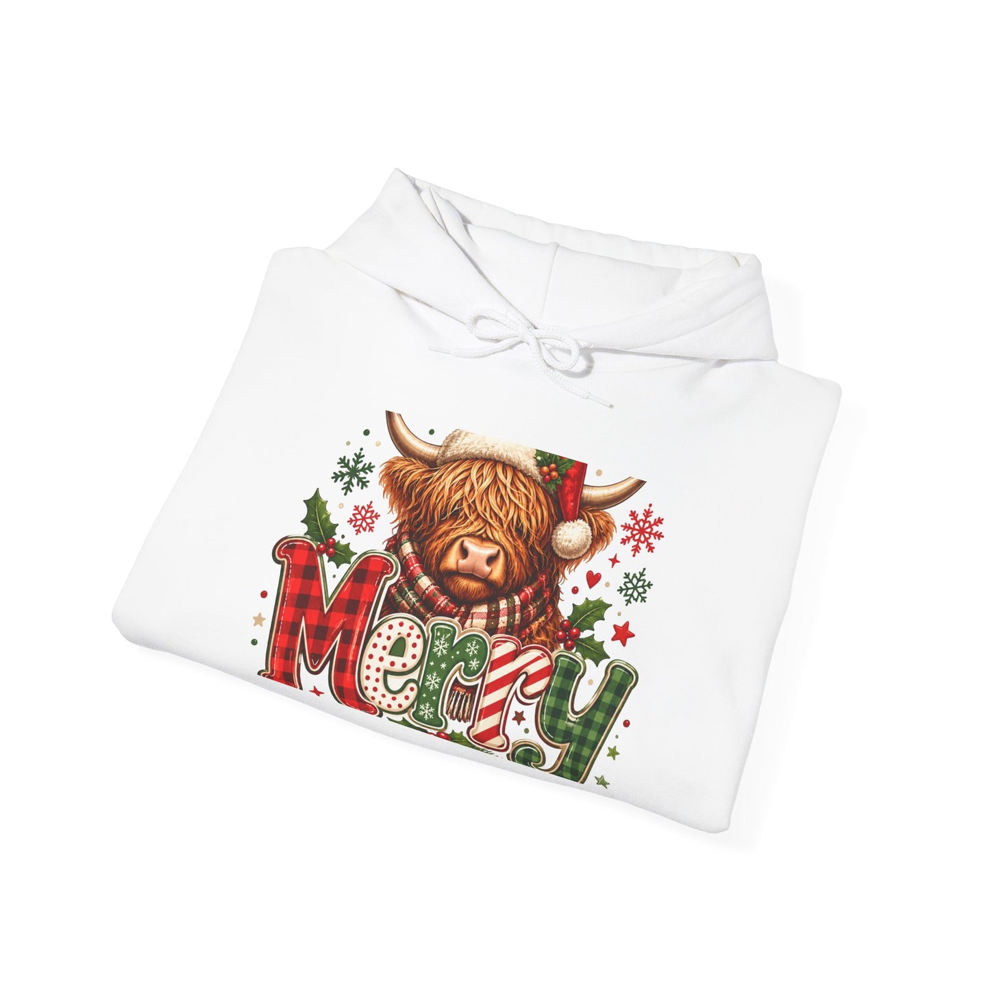 Christmas Highland Cow 'Merry' Hoodie – Cute Plaid Holiday Sweatshirt