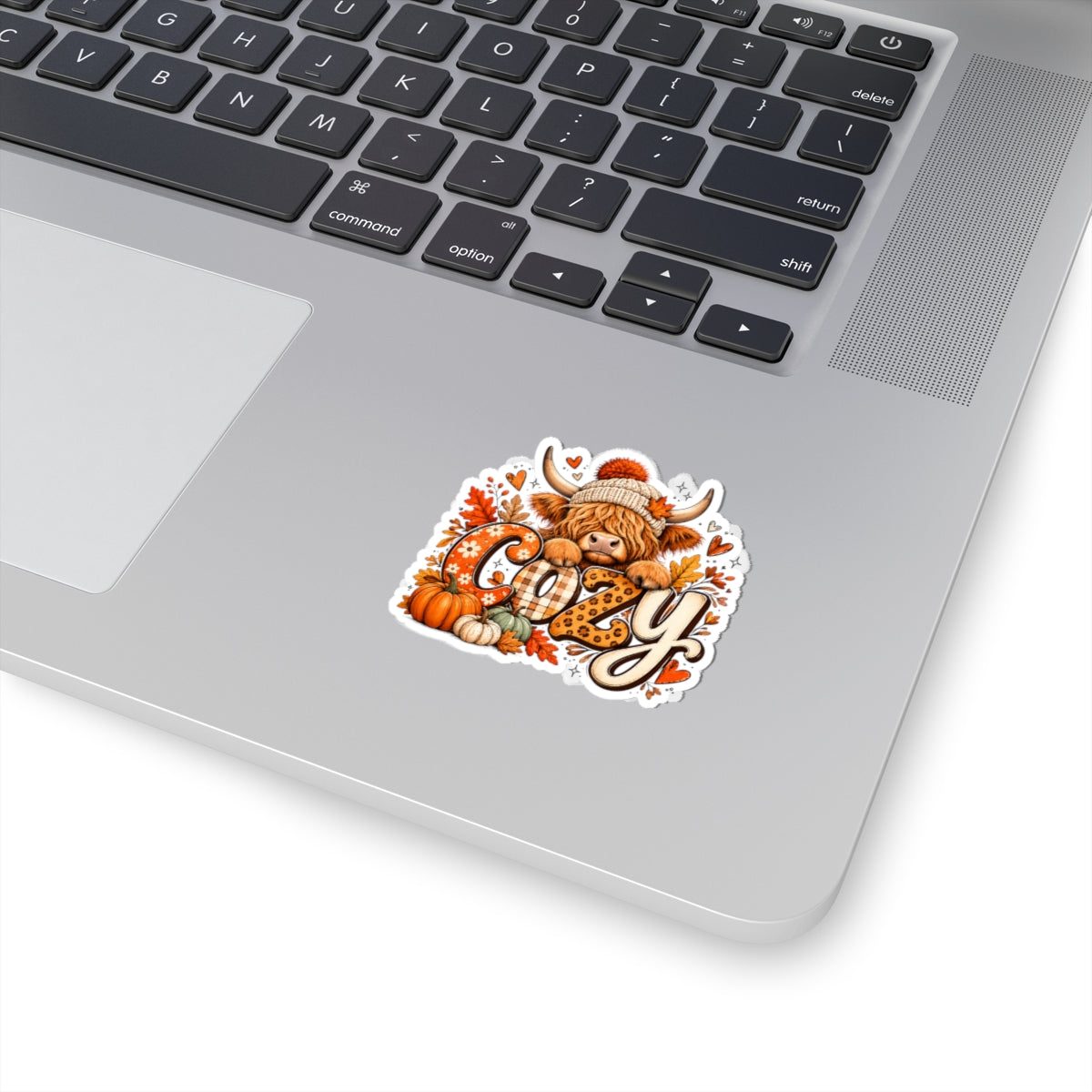 Cozy Highland Cow Kiss-Cut Sticker | Fall Pumpkin Leaves Laptop Decal
