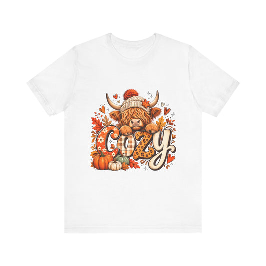 Cozy Highland Cow Autumn Tee | Fall Pumpkin Leaves Sweatshirt Style Shirt