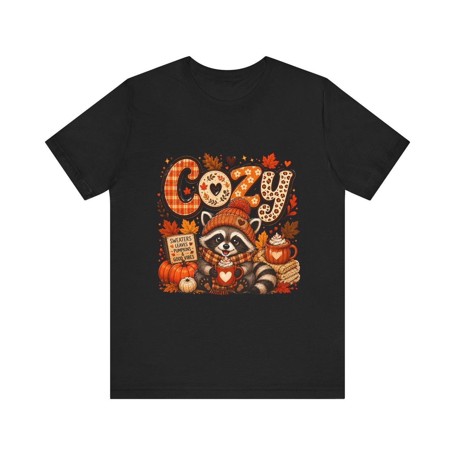 Cozy Raccoon Pumpkin Autumn Tee | Fall Leaves, Hot Cocoa, Plaid Letters