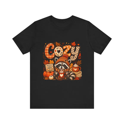 Cozy Raccoon Pumpkin Autumn Tee | Fall Leaves, Hot Cocoa, Plaid Letters