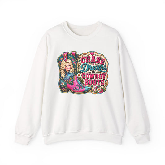 Crewneck Sweatshirt - "Chase Dreams in Cowboy Boots" Retro Western Graphic